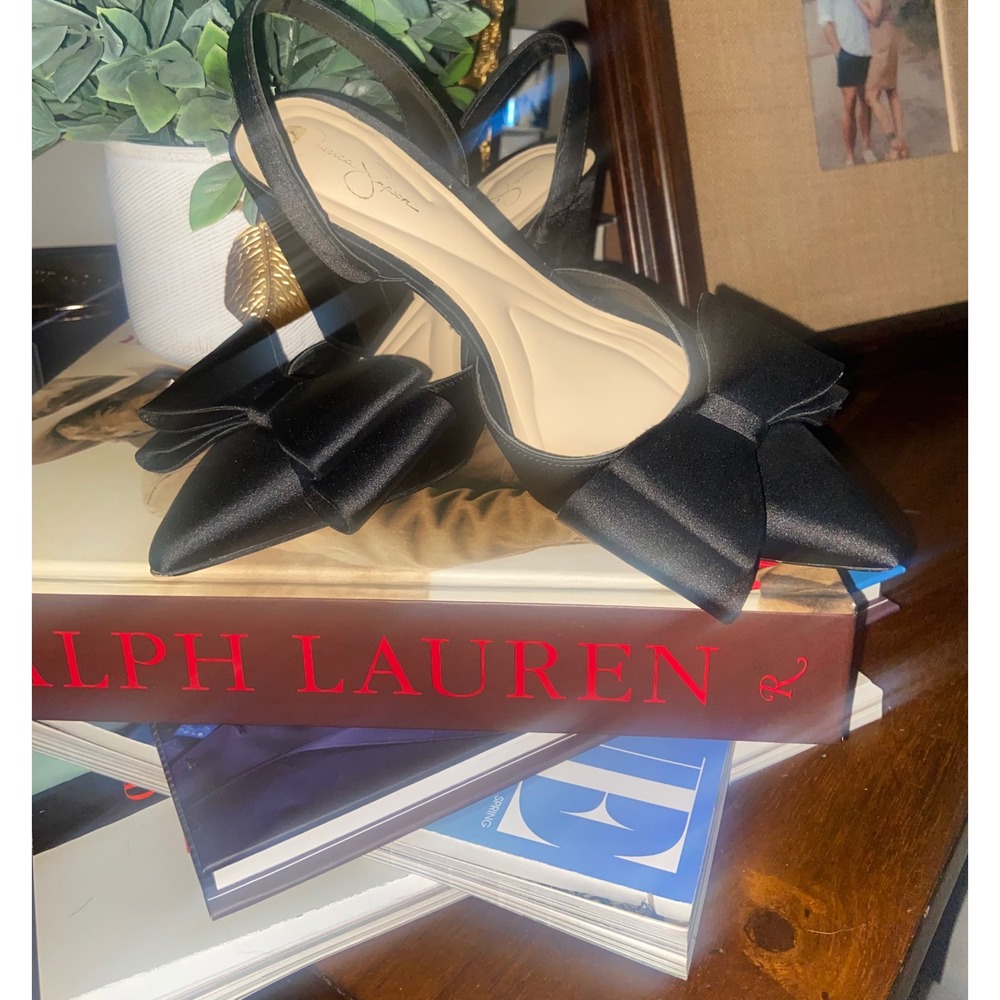 Jessica Simpson Black Satin Bow Slingback Block Heel Pumps Womens 6.5M